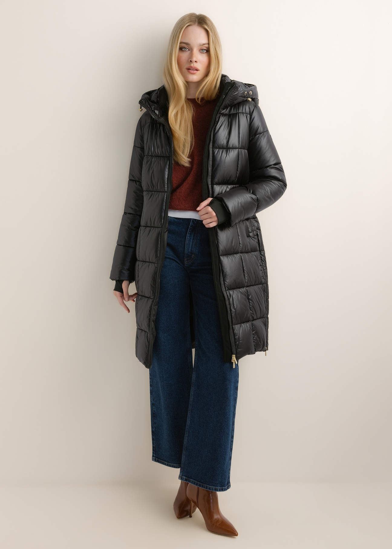 Black women's winter jacket KURDT-0677-99(Z26), front view of the product on a model. Full body visible.