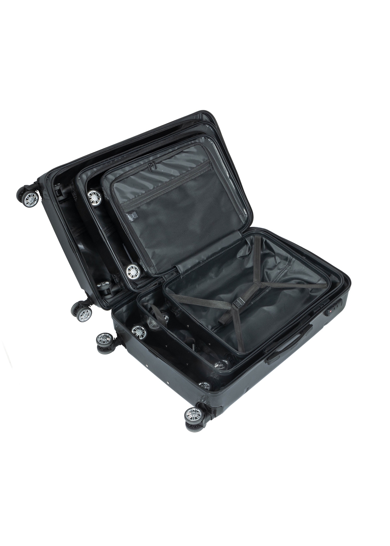 Set of 19'/24'/28' wheeled suitcases WALPC-0014-99(W26), view of products inside on white background.