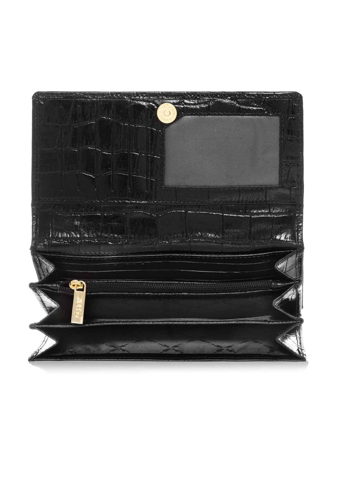 Women's leather black croco wallet PORES-0889-9G(W26), product view inside on white background.