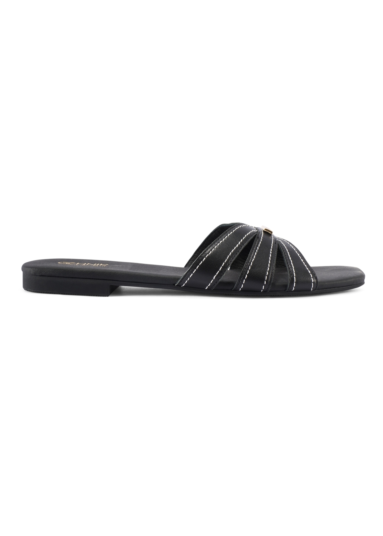 Black women's flip-flops with stitching BUTYD-1223-99(W26), side view of the product on a white background.