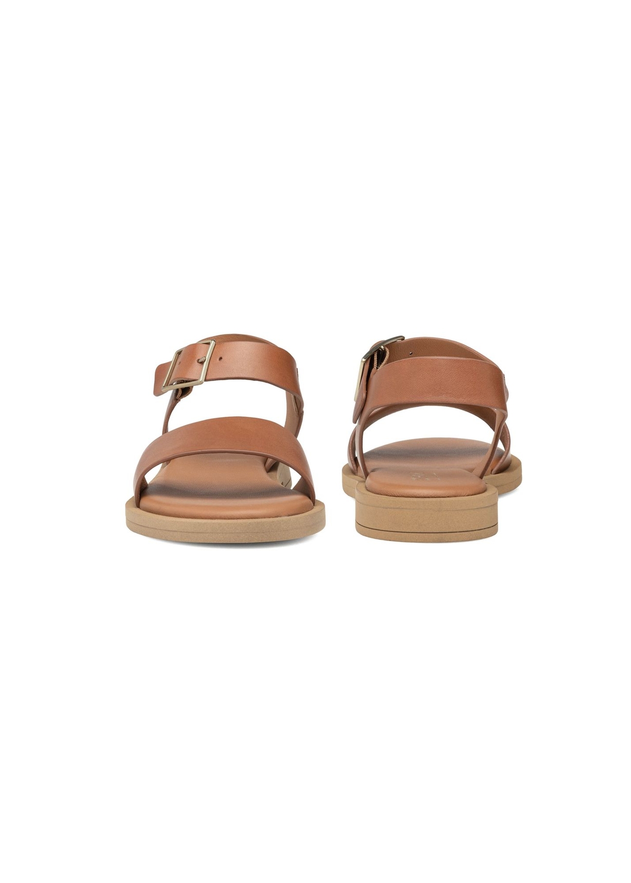 Women's leather sandals in cognac color BUTYD-1263-1F(W26), front and back product view on white background.