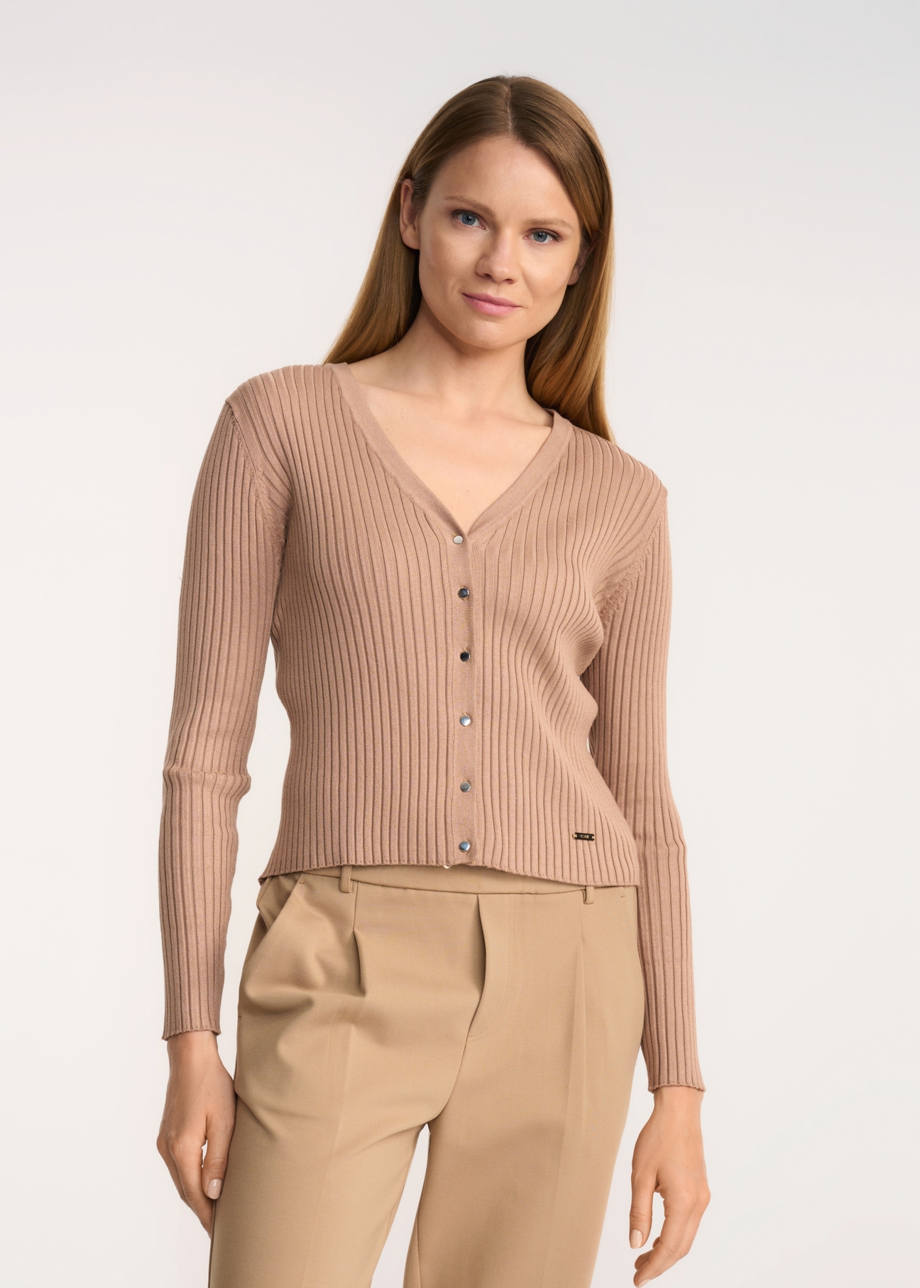 Beige women's V neck blouse LSLDT-0029-81(Z22)-01
