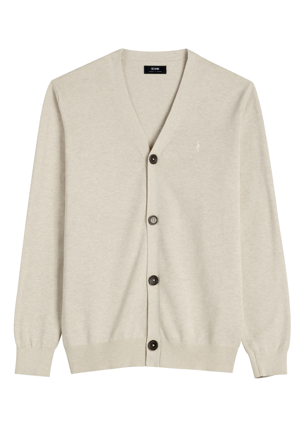 Light beige cotton men's cardigan KARMT-0003-1A(W26), front product view on white background.