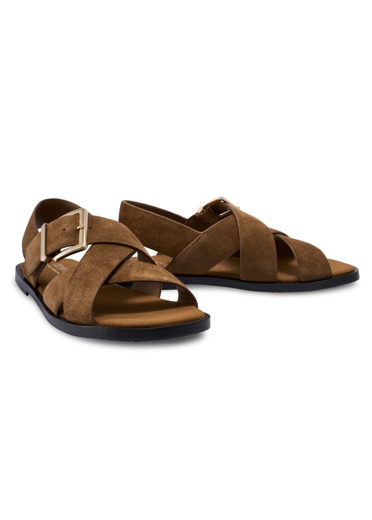 Women's cognac-colored suede sandals BUTYD-1238-1F(W26) - diagonal product view, on a white background.
