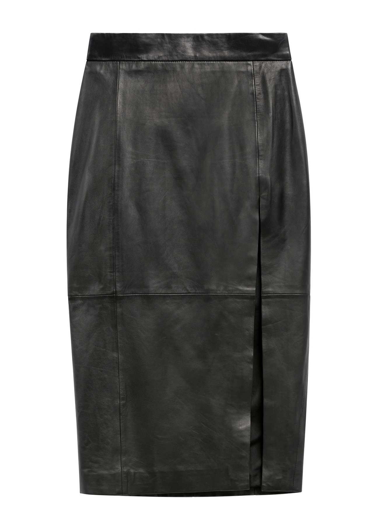 Women's long black leather skirt with slit SPCDS-0075-1273(W25)-03
