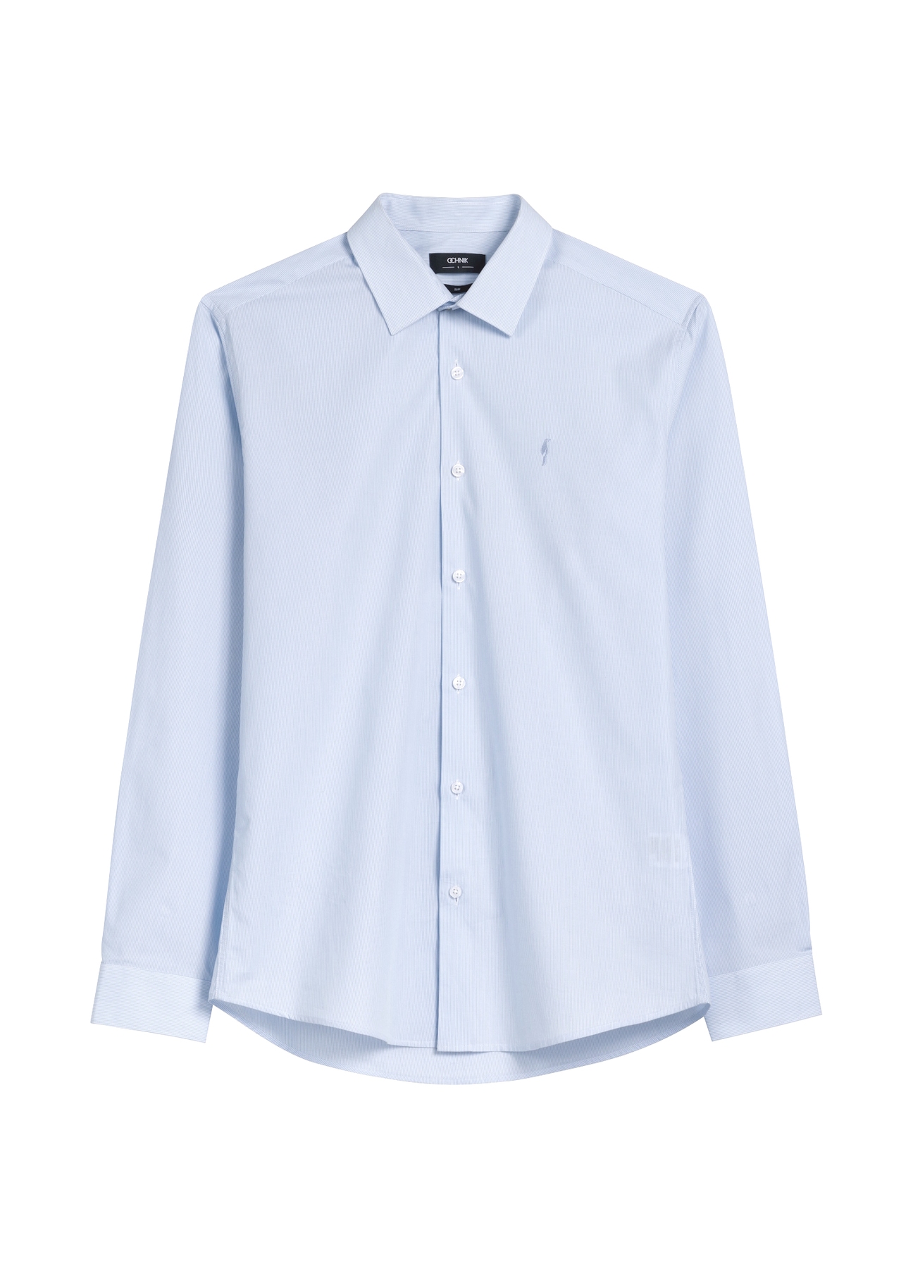 Light blue men's striped shirt KOSMT-0357-7A(W26) - front product view, on white background.