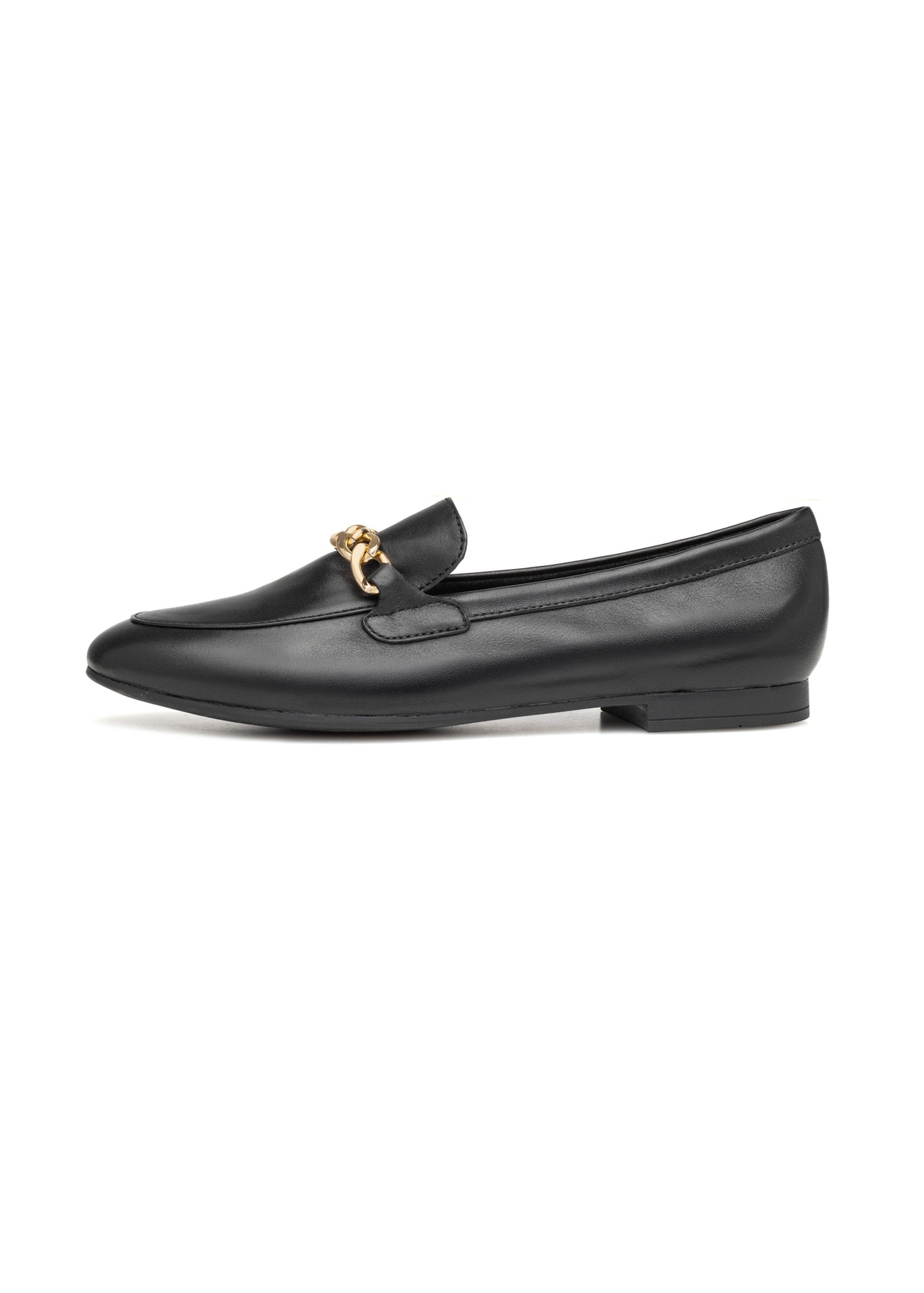 Women's leather black loafers with chain BUTYD-0914A-99(W26), side product view on white background.