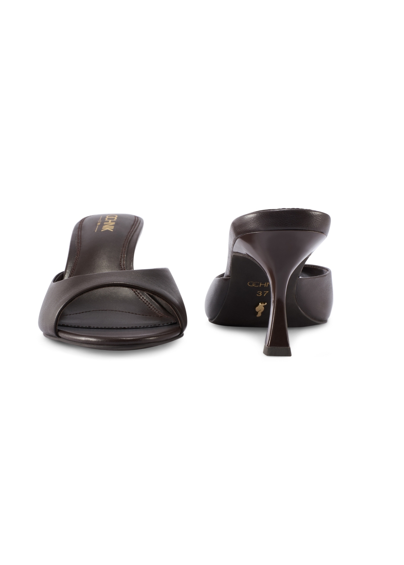 Dark brown leather women's mules BUTYD-1272-1I(W26), front and back product view on white background.