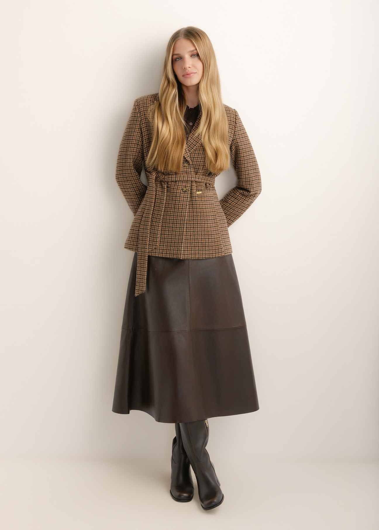 Women's houndstooth blazer ZAKDT-0054-1D(Z26), front view of the product on the model. Full body visible.