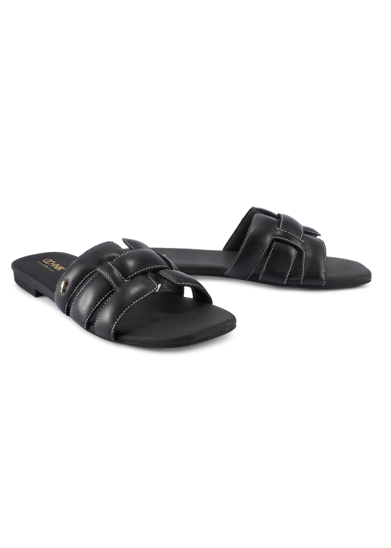 Women's black leather slides with braid BUTYD-1225-99(W26), diagonal product view on a white background.
