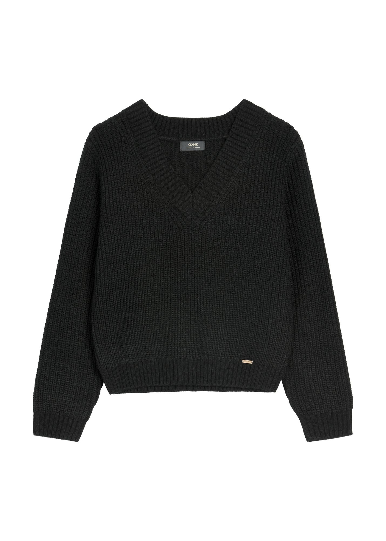 Black women's V-neck sweater SWEDT-0162-99(Z25), front product view on white background.