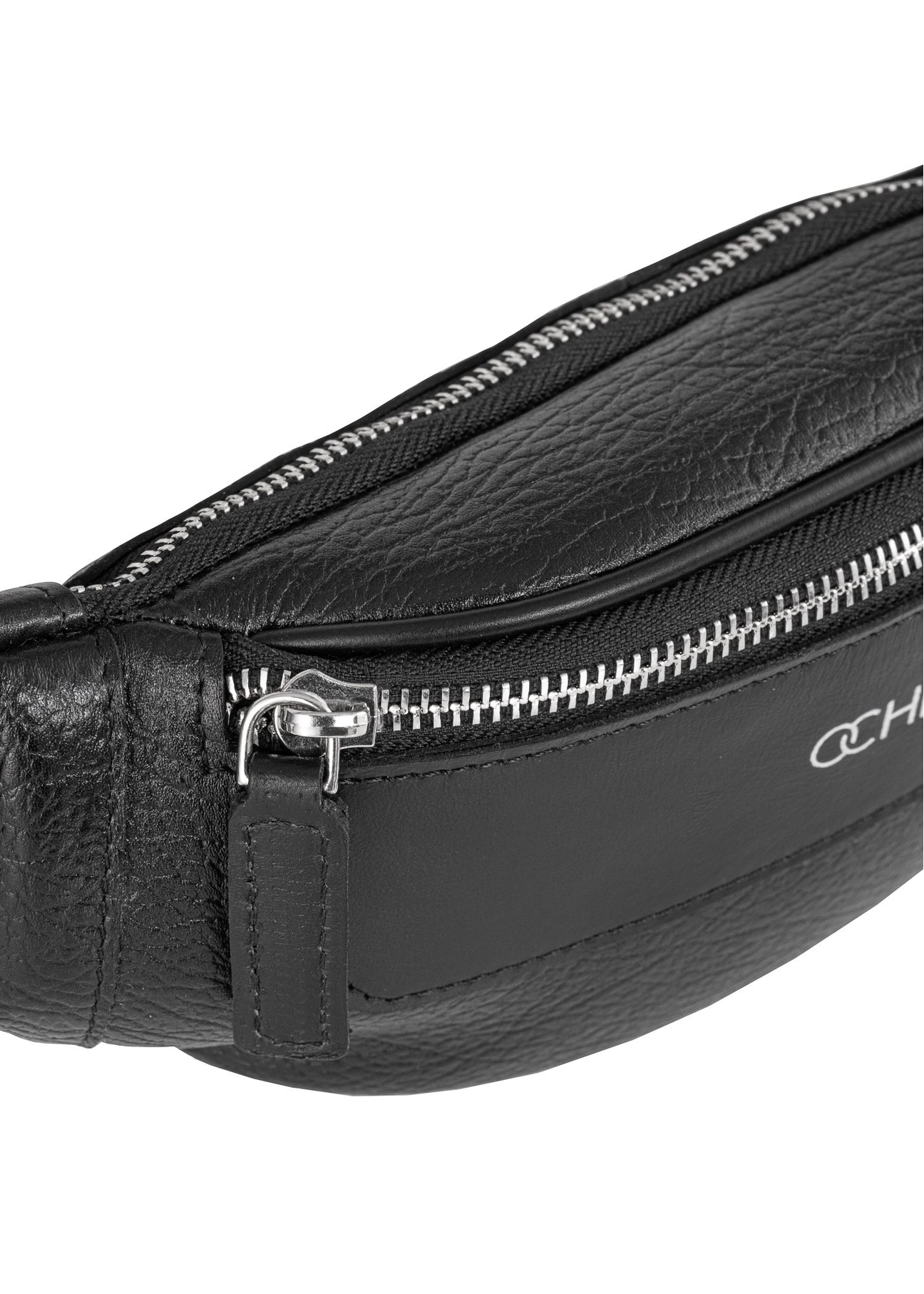 Men's black leather waist bag with TORMS-0295A-99(Z25) logo - close-up of detail on white background.