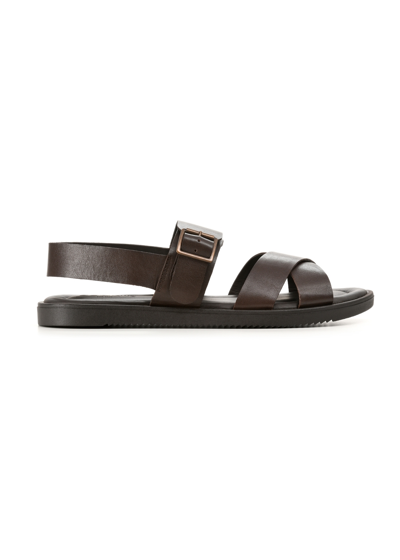 Men's dark brown leather sandals BUTYM-0537-1I(W26), side view of the product on a white background.