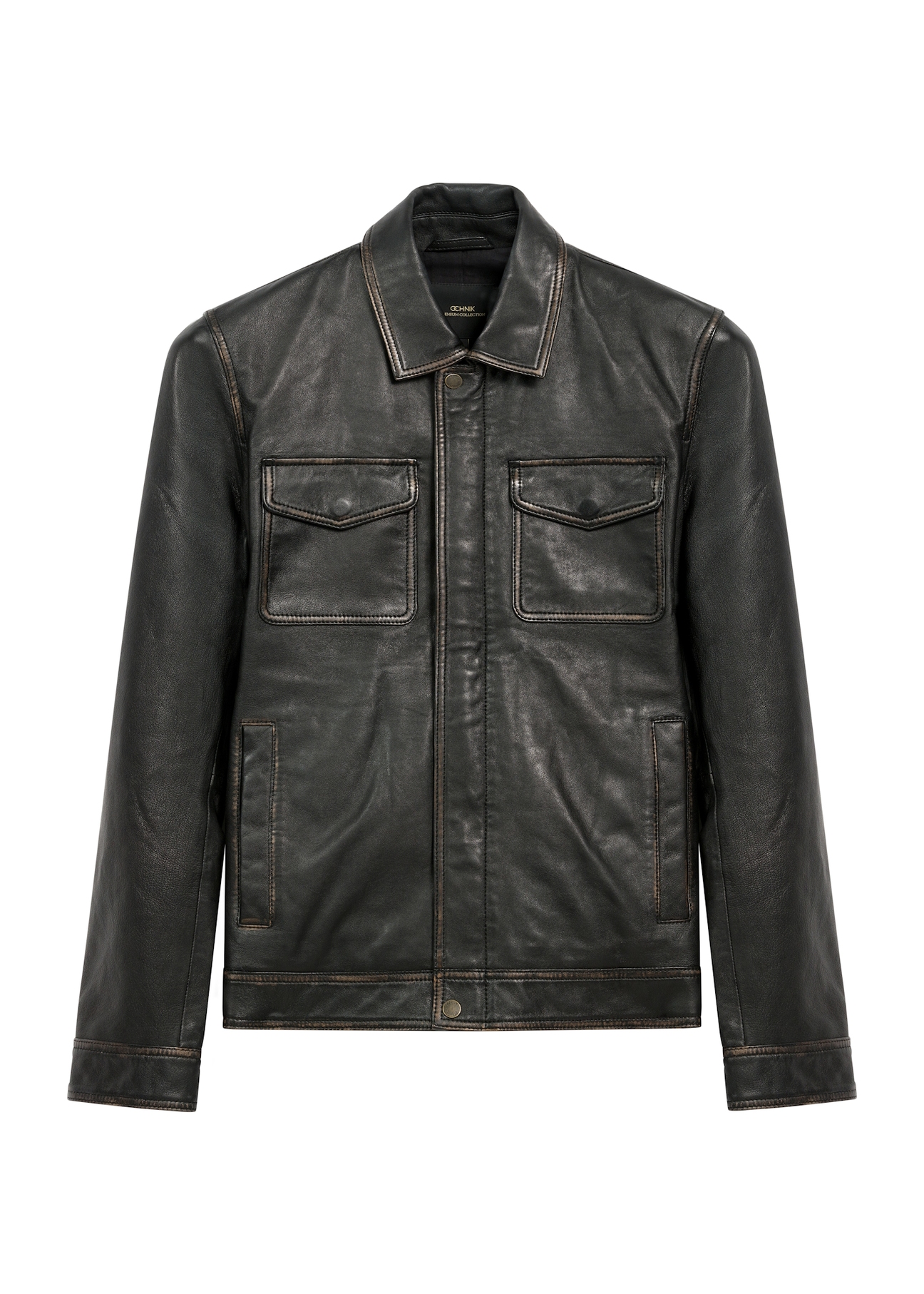 Black vintage men's leather jacket KURMS-0381-2870(Z25), product view from the front on a white background.