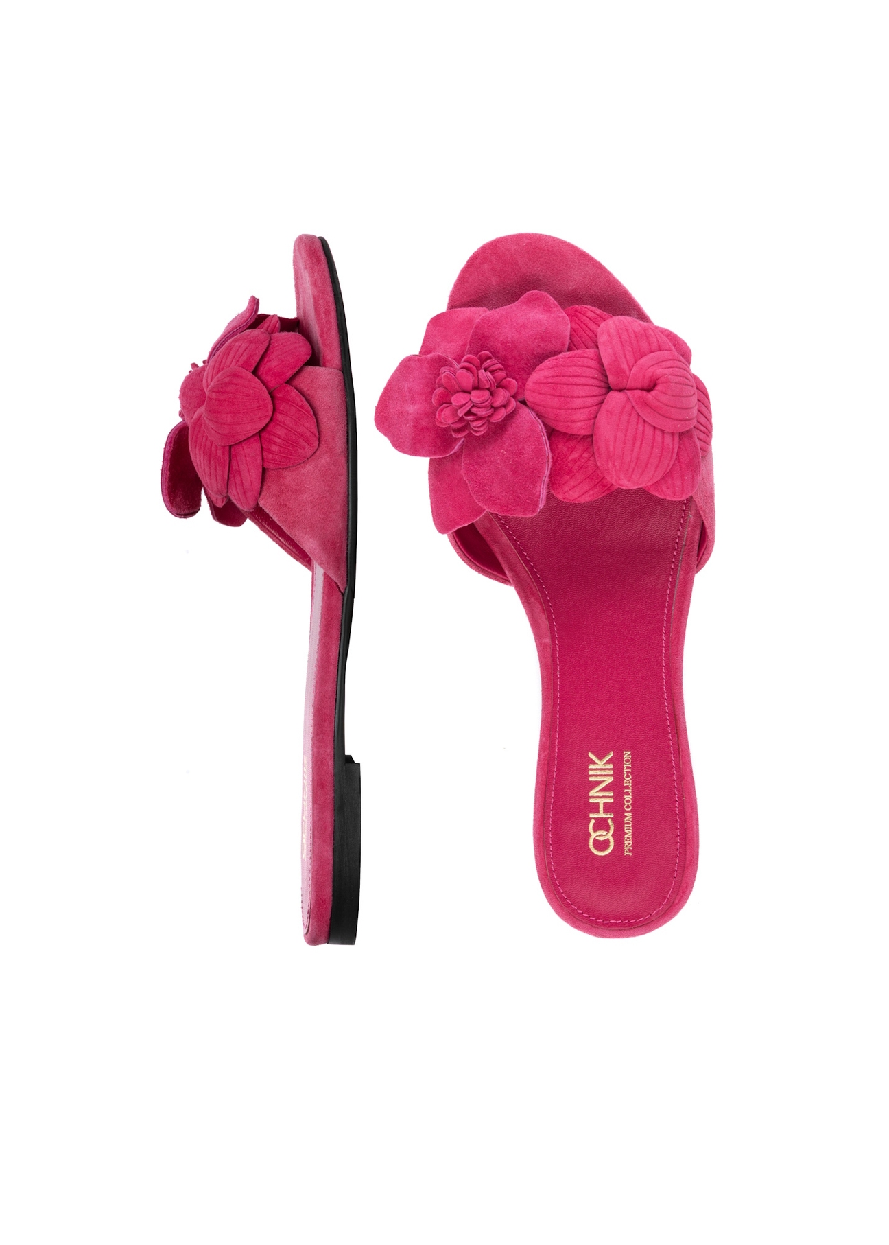 Women's fuchsia suede slides BUTYD-1237-5E(W26), top view of the product on a white background.