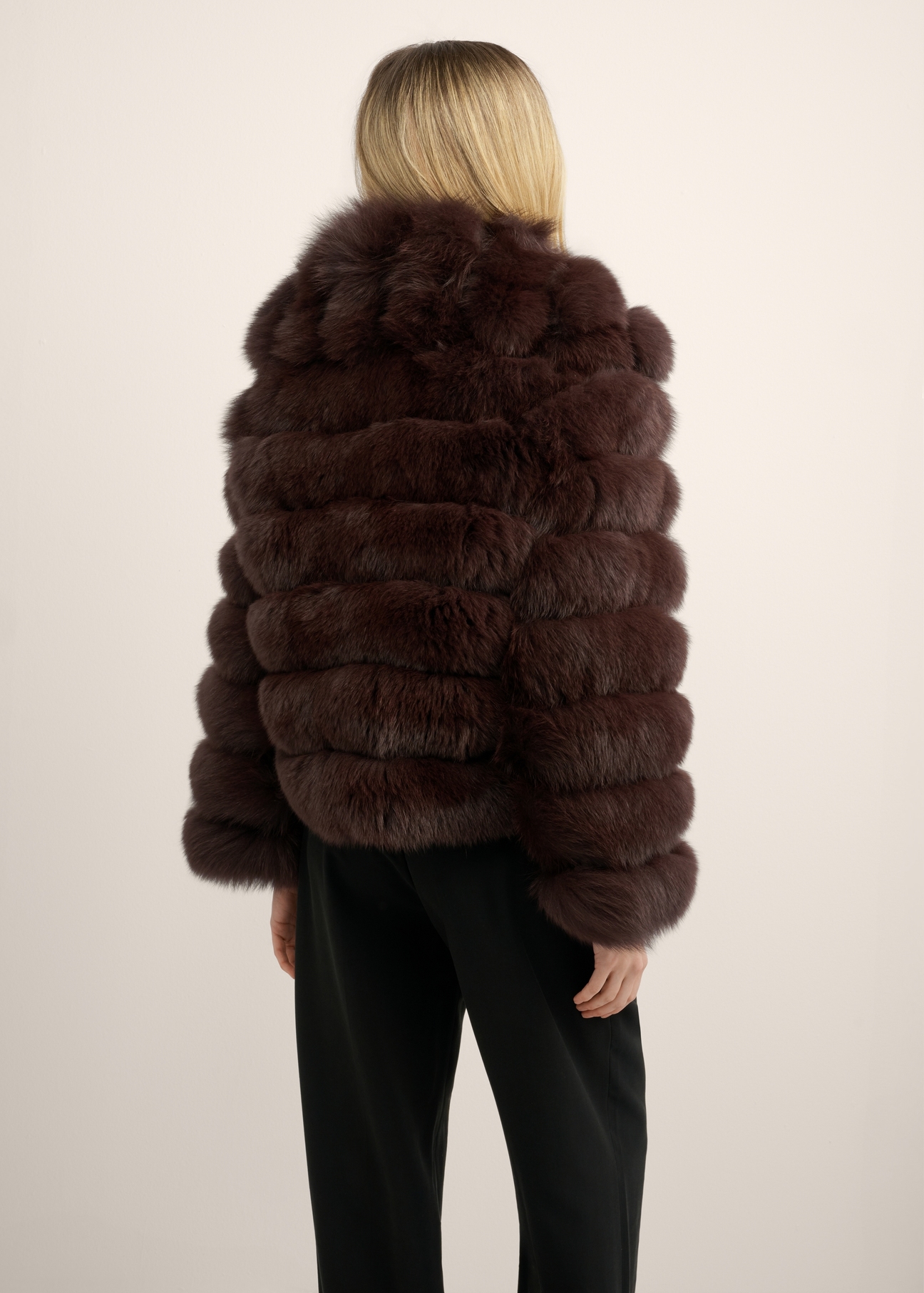 Women's brown fur coat with collar FUTDF-0100-1H(Z26), product view from the back of the model. Half of the silhouette visible.