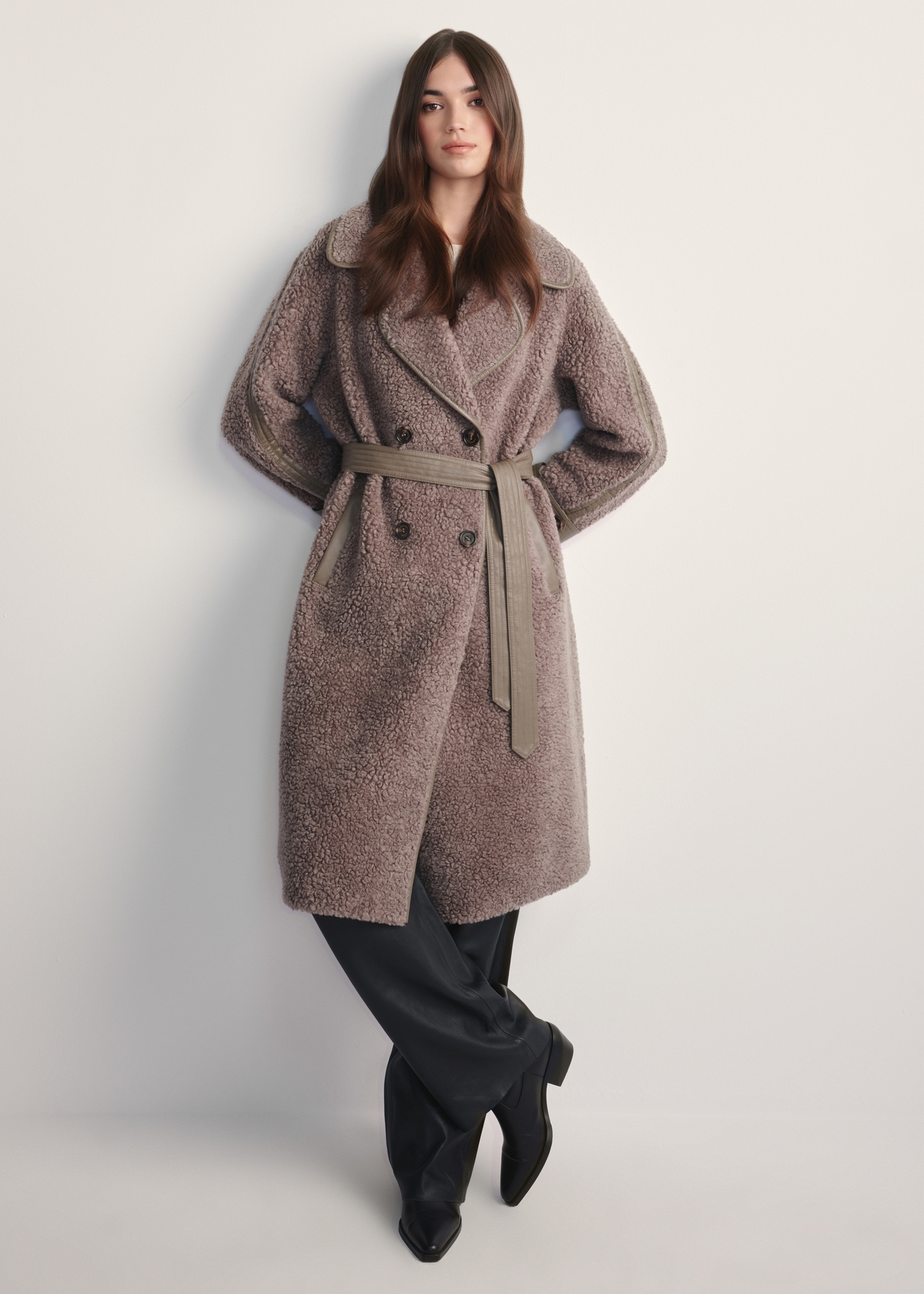 Women's brown wool-blend fur coat FUTDW-0035-91(Z25) - front view of the product on a model against a white background. Full body visible.