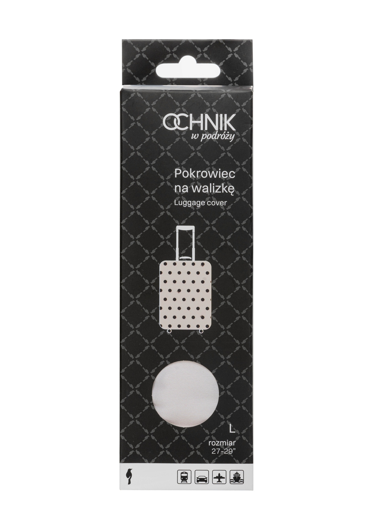 Large suitcase cover with polka dots AW-013-0007-0P-L(W26), front view of the product in the packaging.