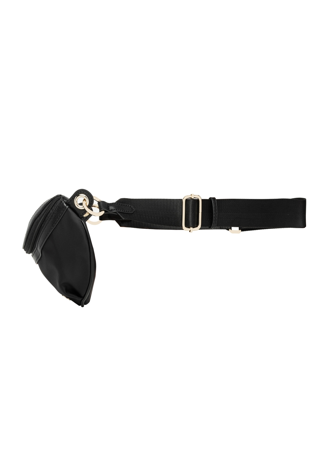 Black fabric women's waist bag TOREN-0356-99(Z26), side view of the product on a white background.