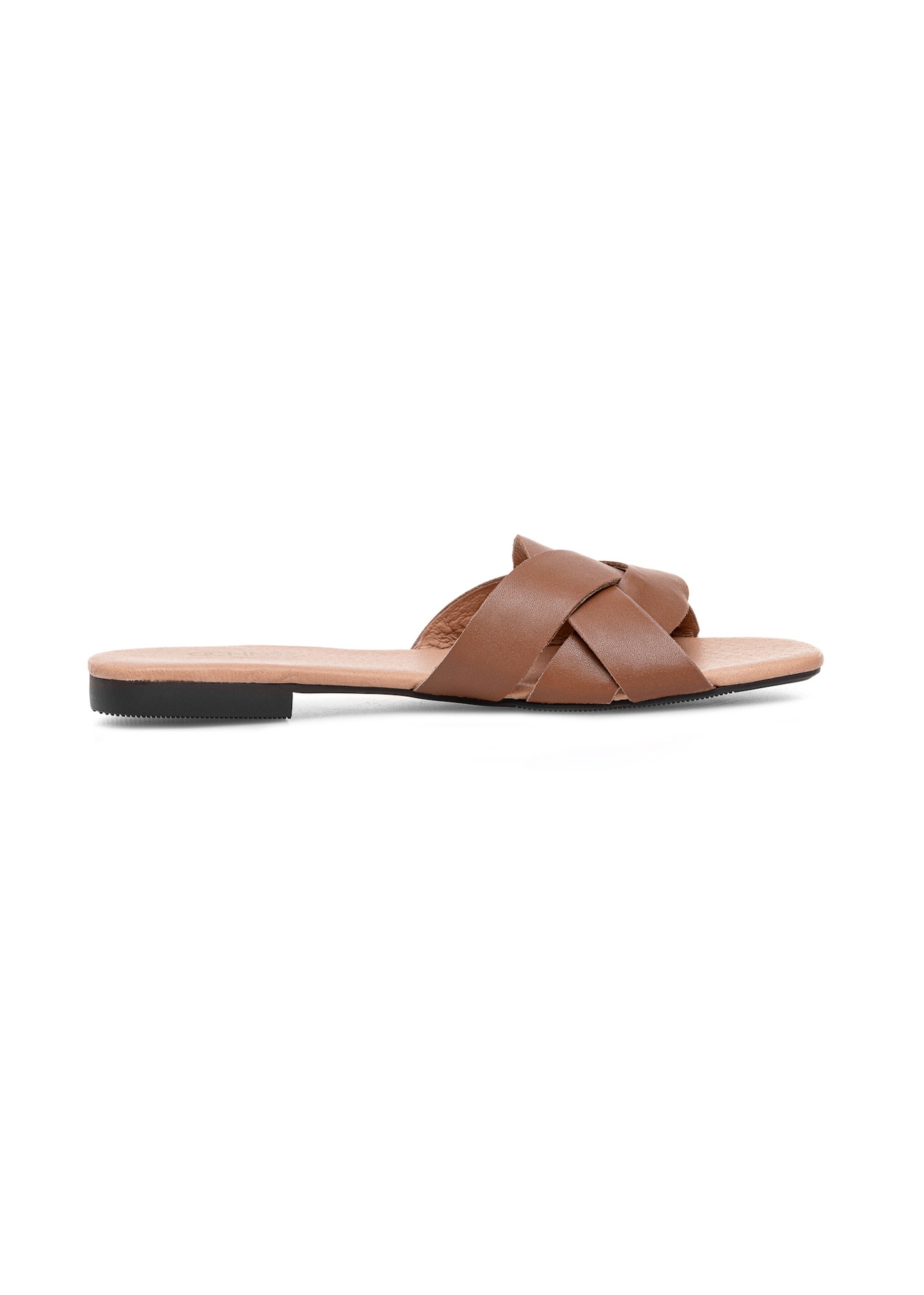 Women's brown leather flip-flops BUTYD-1159-24(W25), side view of the product on a white background.