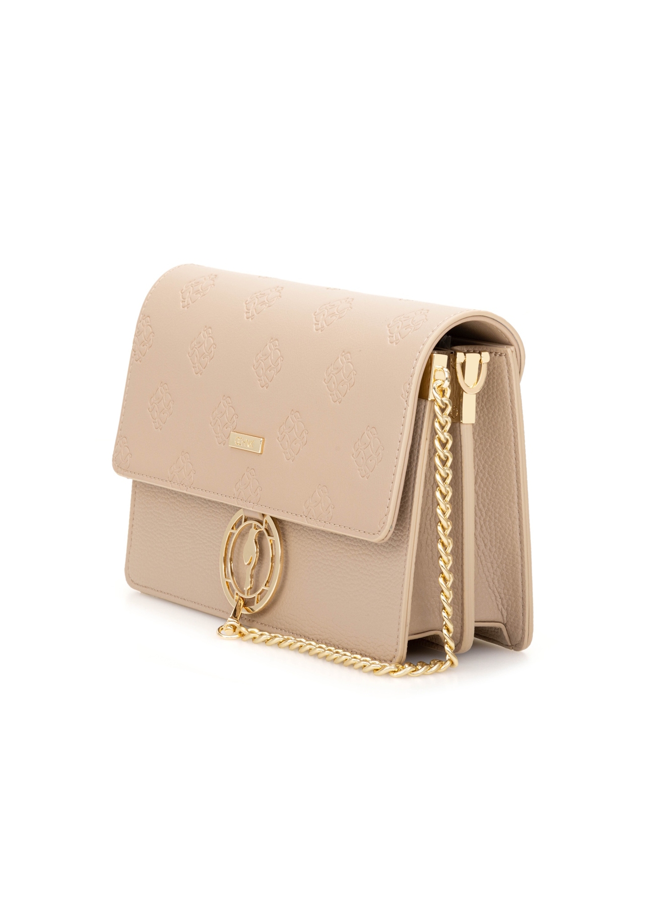 Beige women's handbag with monogram TOREC-0536-1P(W26), diagonal product view on a white background.
