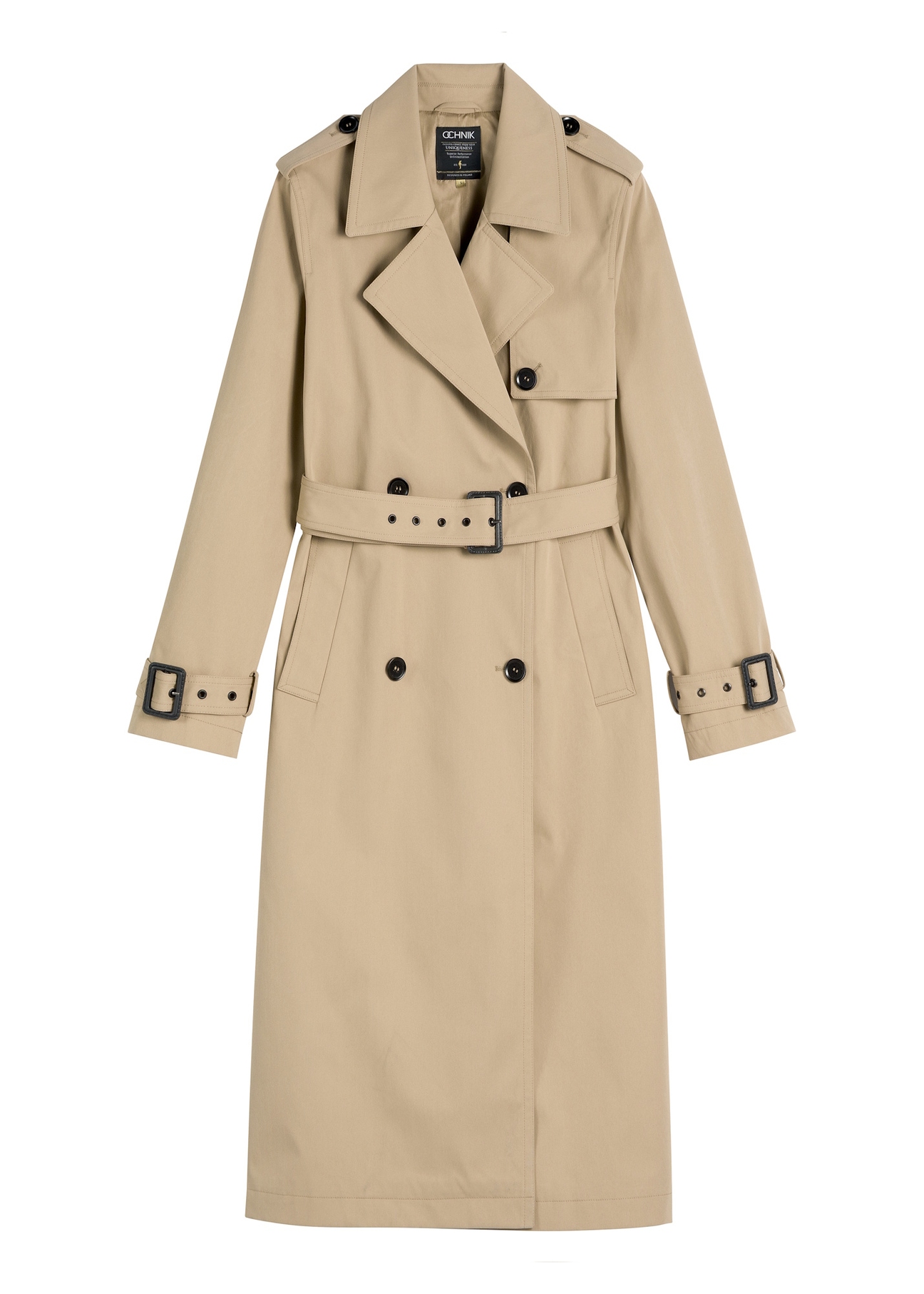 Long beige women's coat KURDT-0512-1C(W26), front product view on white background.