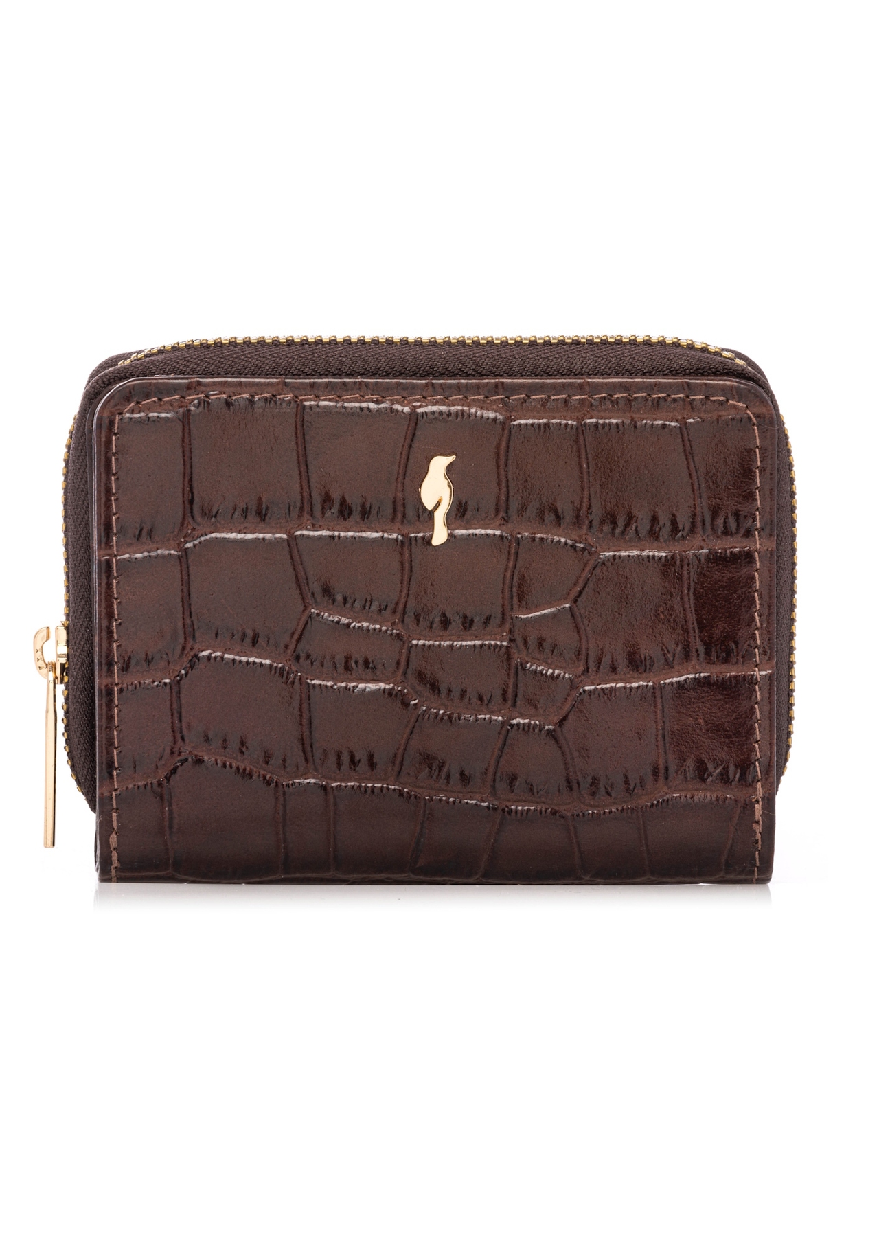 Brown women's croco wallet PORES-0888-1H(W26), front product view on white background.