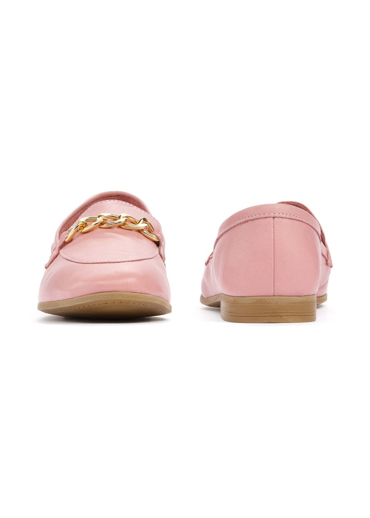 Women's leather pink moccasins with chain BUTYD-0914-31(W25), front and back view of the product on a white background.