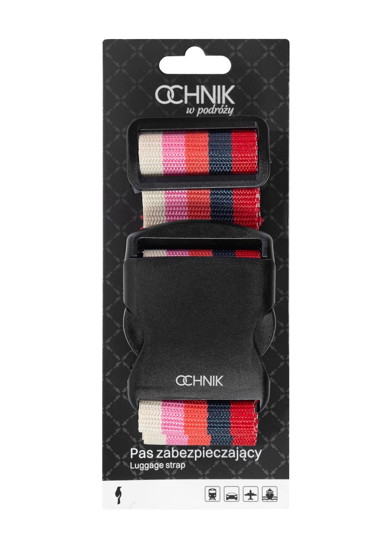 Luggage belt AW-011-0001-18(W25), front view of the product in the package on a white background.