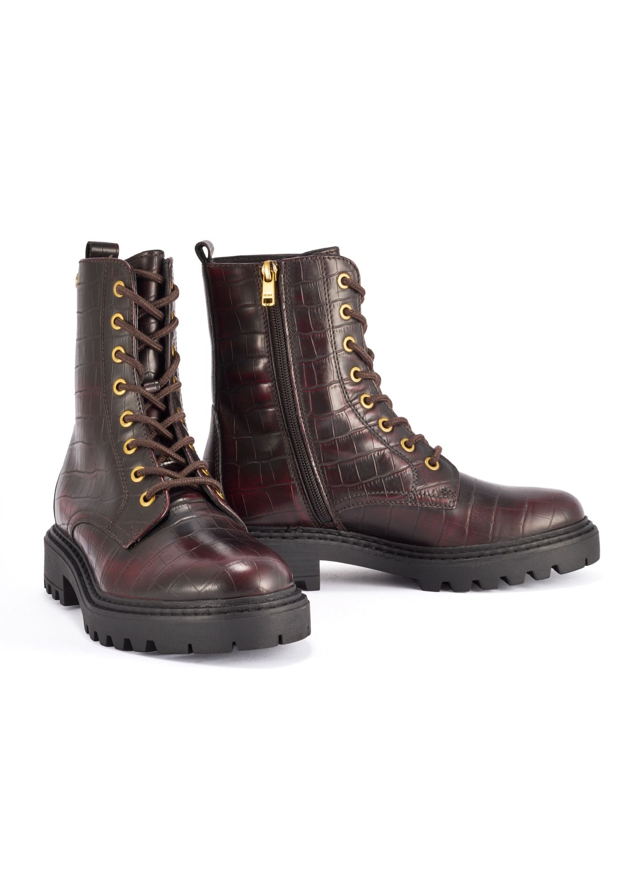Burgundy women's croco ankle boots BUTYD-1192-4E(Z26), diagonal product view on a white background.