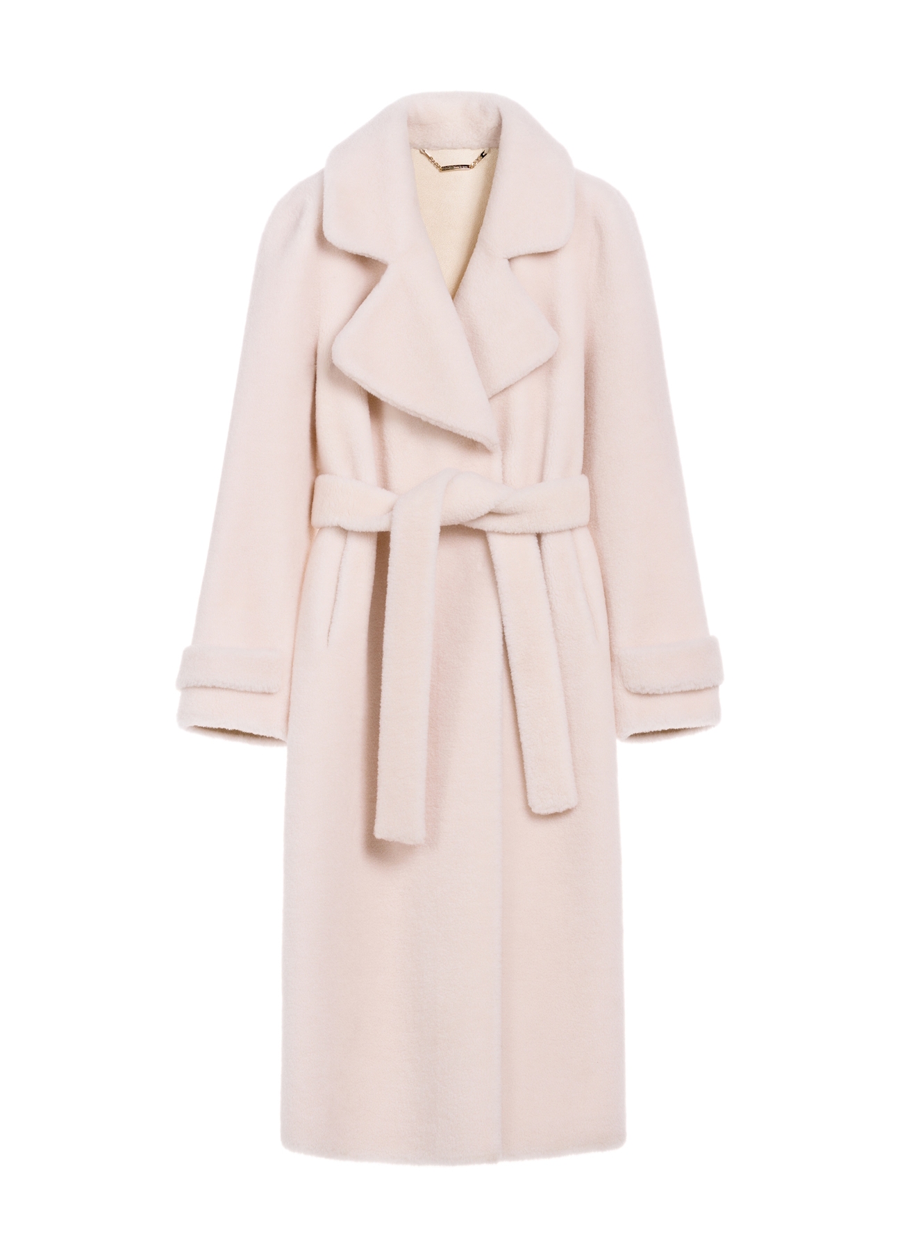 Long woolen fur coat in cream color FUTDW-0019A-12(Z25), product view from the front on a white background.