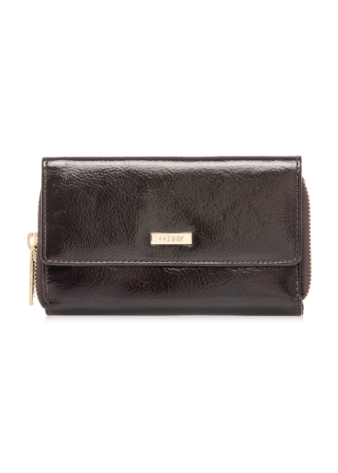 Dark brown leather women's wallet PORES-0987-1I(W26), front product view on white background.