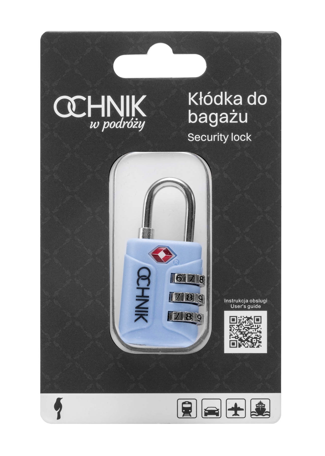 Blue TSA combination padlock AW-015-0003-61(W25), view of the product in the packaging on a white background.