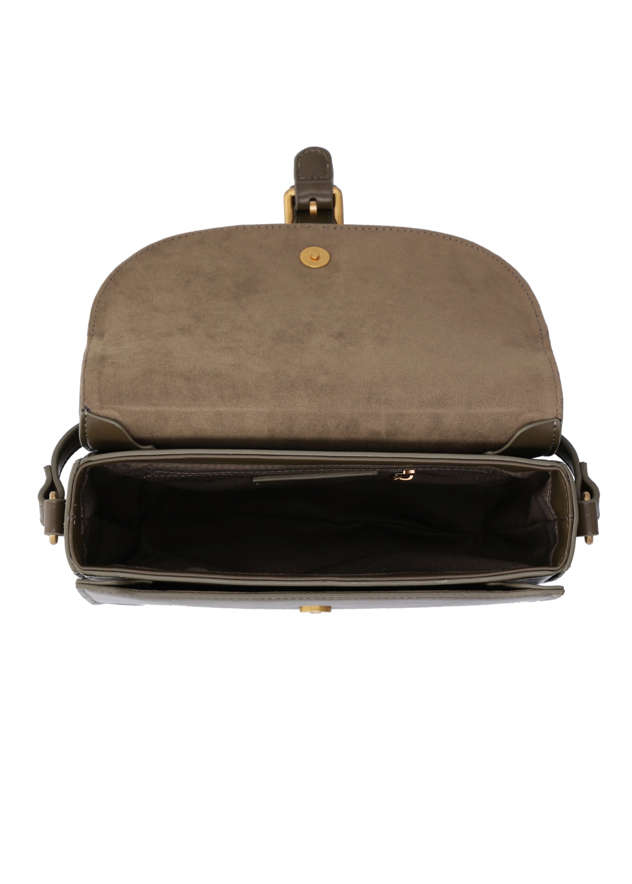 Small khaki women's messenger bag with decorative clasp TOREC-1243-8D(Z26), product view inside on white background.
