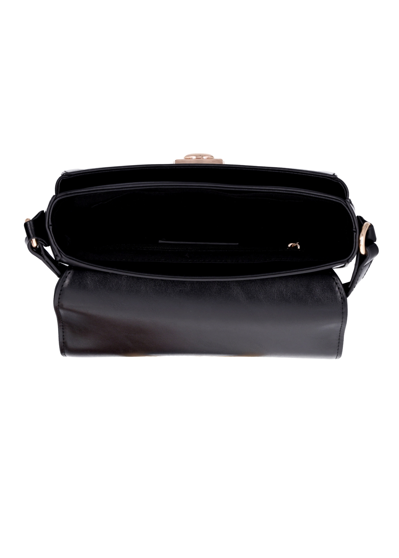 Small semi-circular black women's messenger bag TOREC-1390-99(Z26), product view inside on white background.