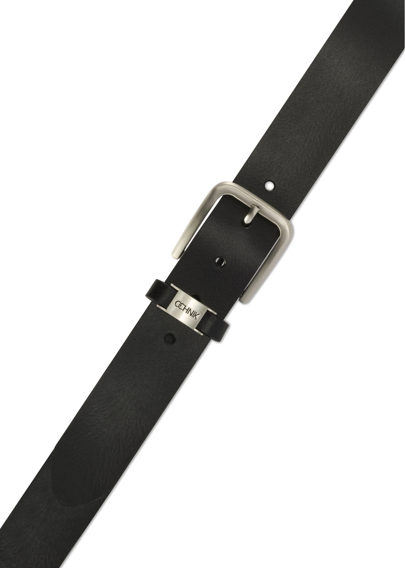 Black men's leather belt PASMS-0273-99(Z25), close-up of the product buckle, view on a white background.