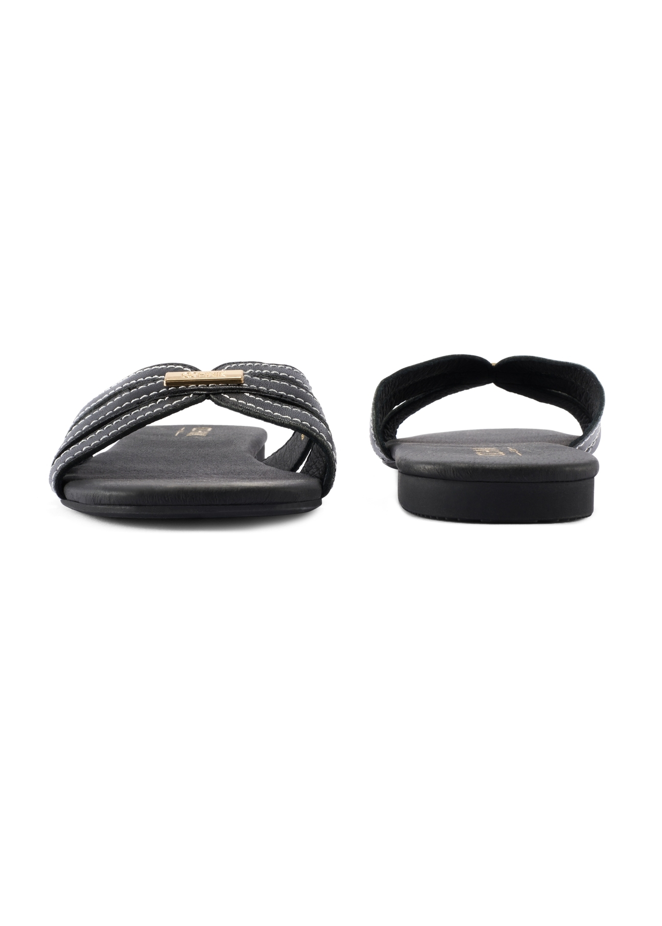 Black women's slides with stitching BUTYD-1223-99(W26), front and back view of the product on a white background.