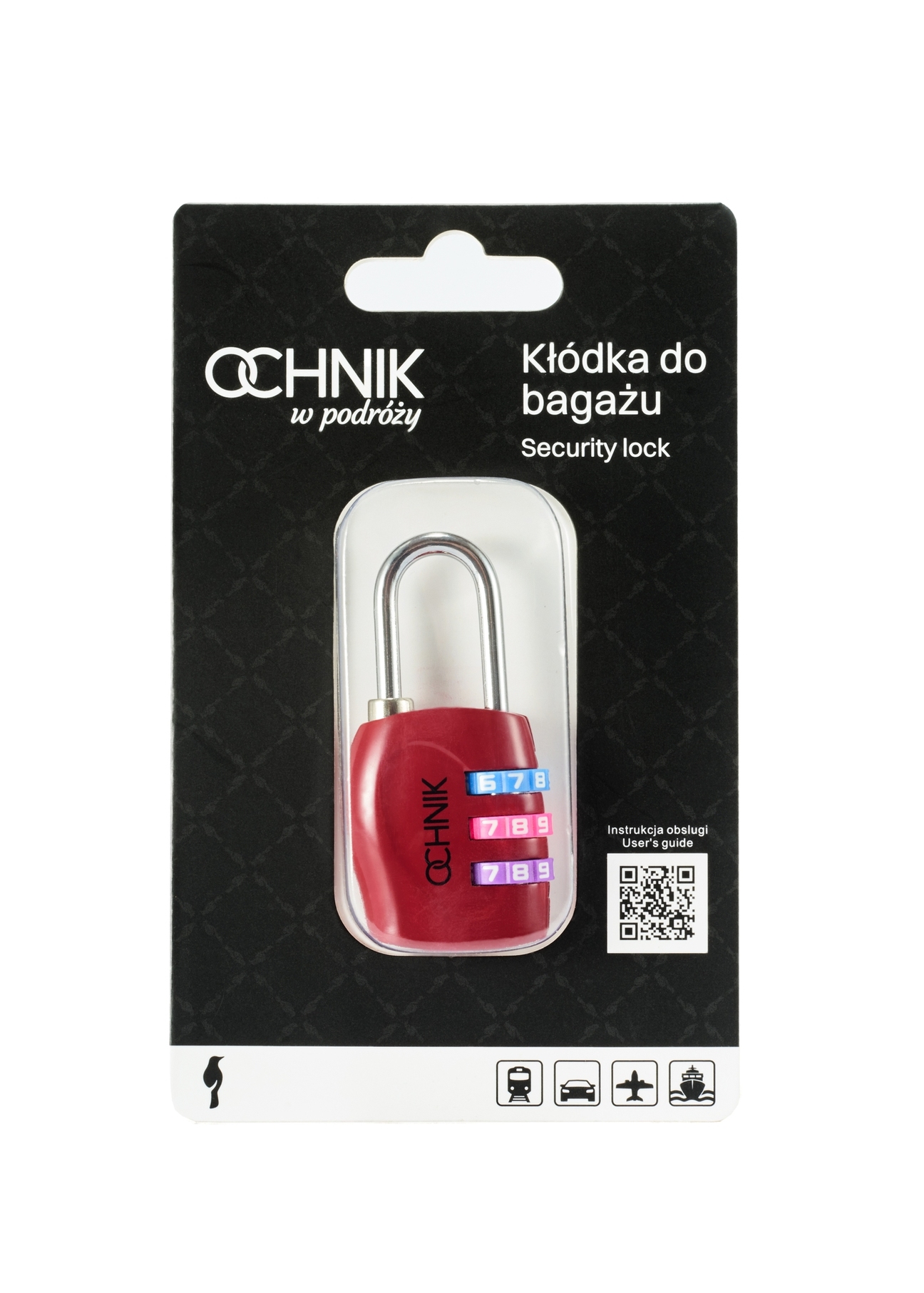 Red combination padlock AW-015-0001-41(W25), front view of the product in the packaging on a white background.