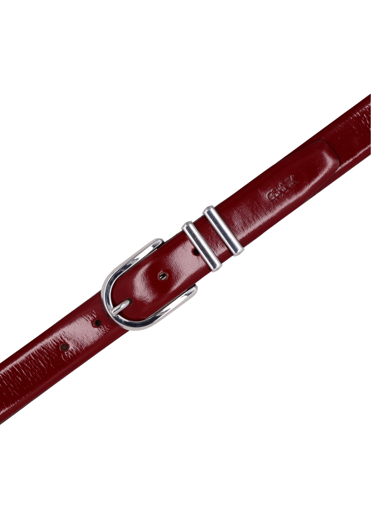 Red leather women's belt PASDS-0159-4C(Z26), view of the clasp of the product on a white background.