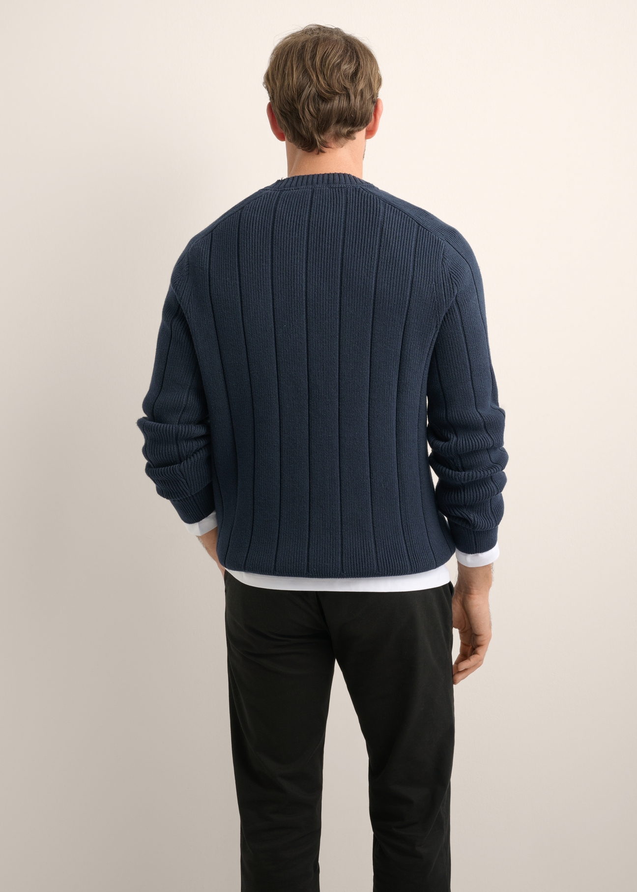 Dark navy blue cotton men's sweater SWEMT-0196-7E(Z26), product view from the back on the model. Half of the silhouette visible.