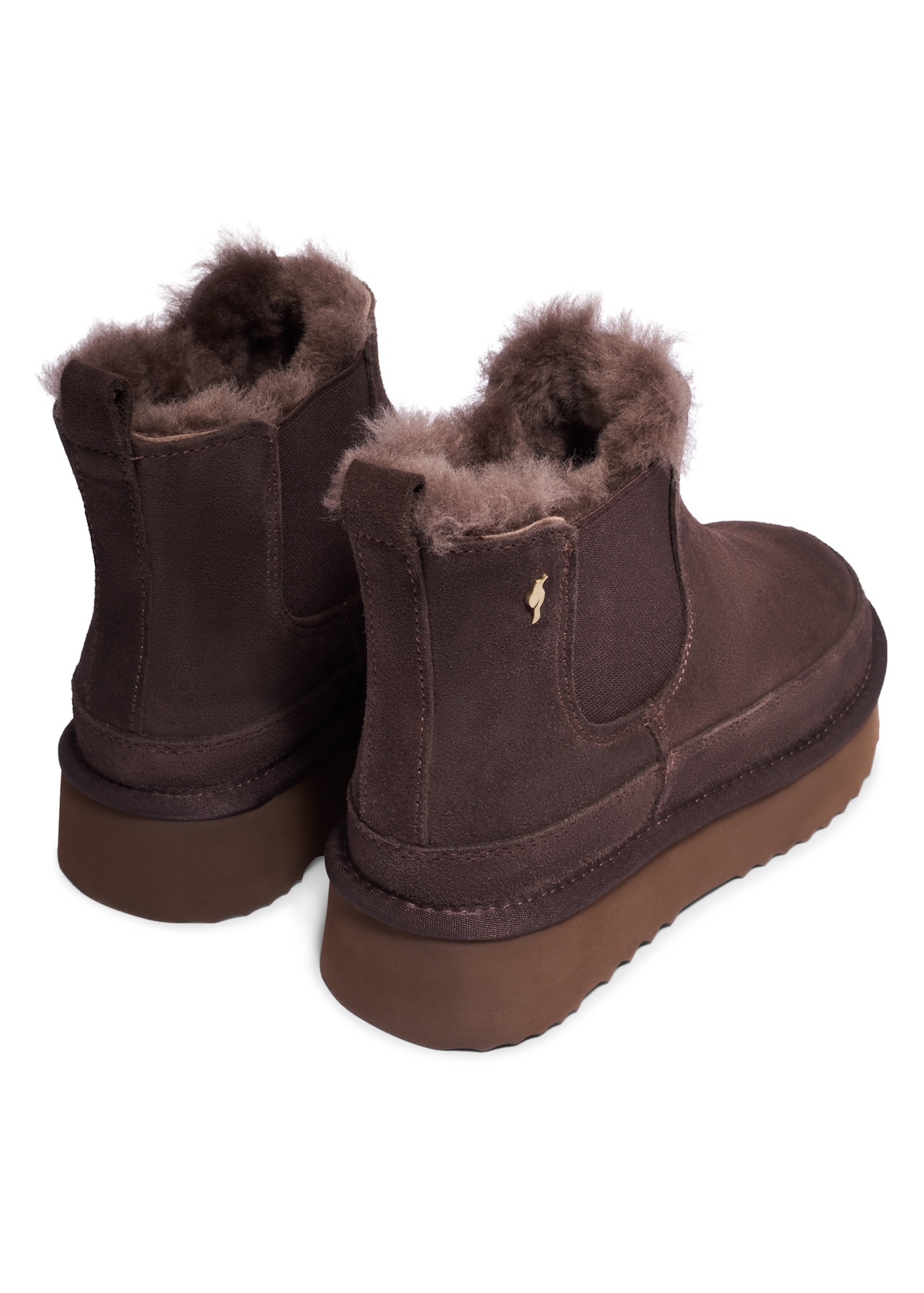 Women's dark brown suede snow boots BUTYD-1314-1I(Z26), product view from the back on a white background.
