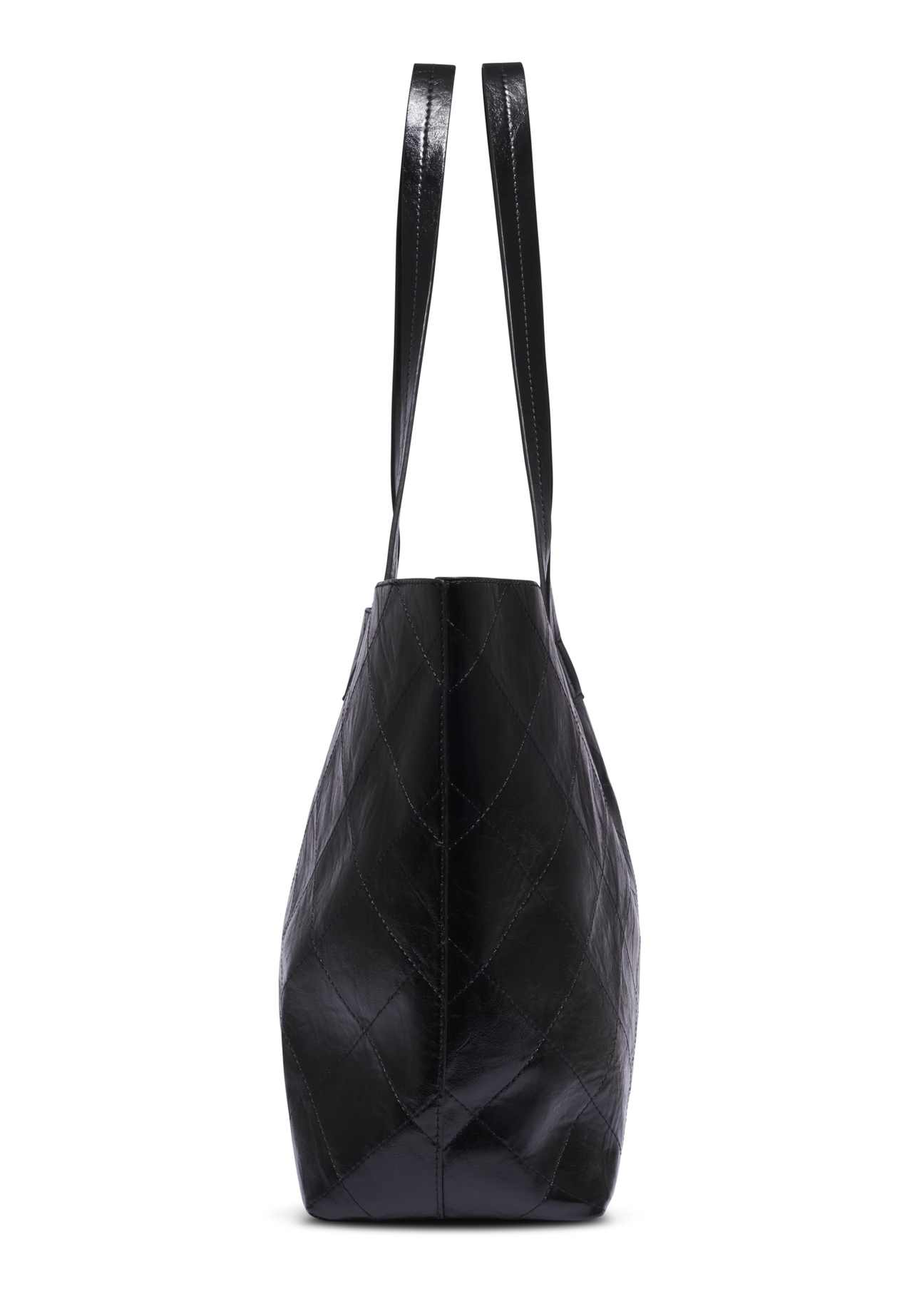 Women's black shopper bag with stitching TOREC-1247-9P(Z26), side view of the product on a white background.