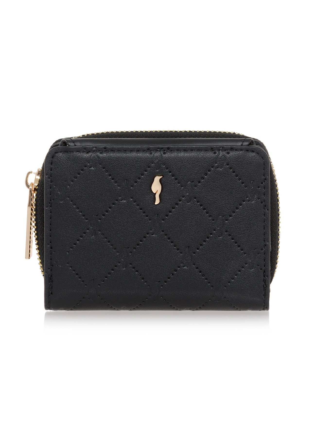 Small black women's wallet with monogram POREC-0349A-99(Z25), front product view on white background.