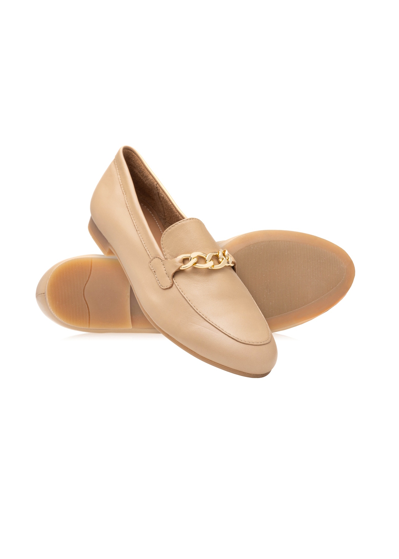 Women's dark beige leather moccasins with chain BUTYD-0914A-1B(W26), diagonal product view on white background.