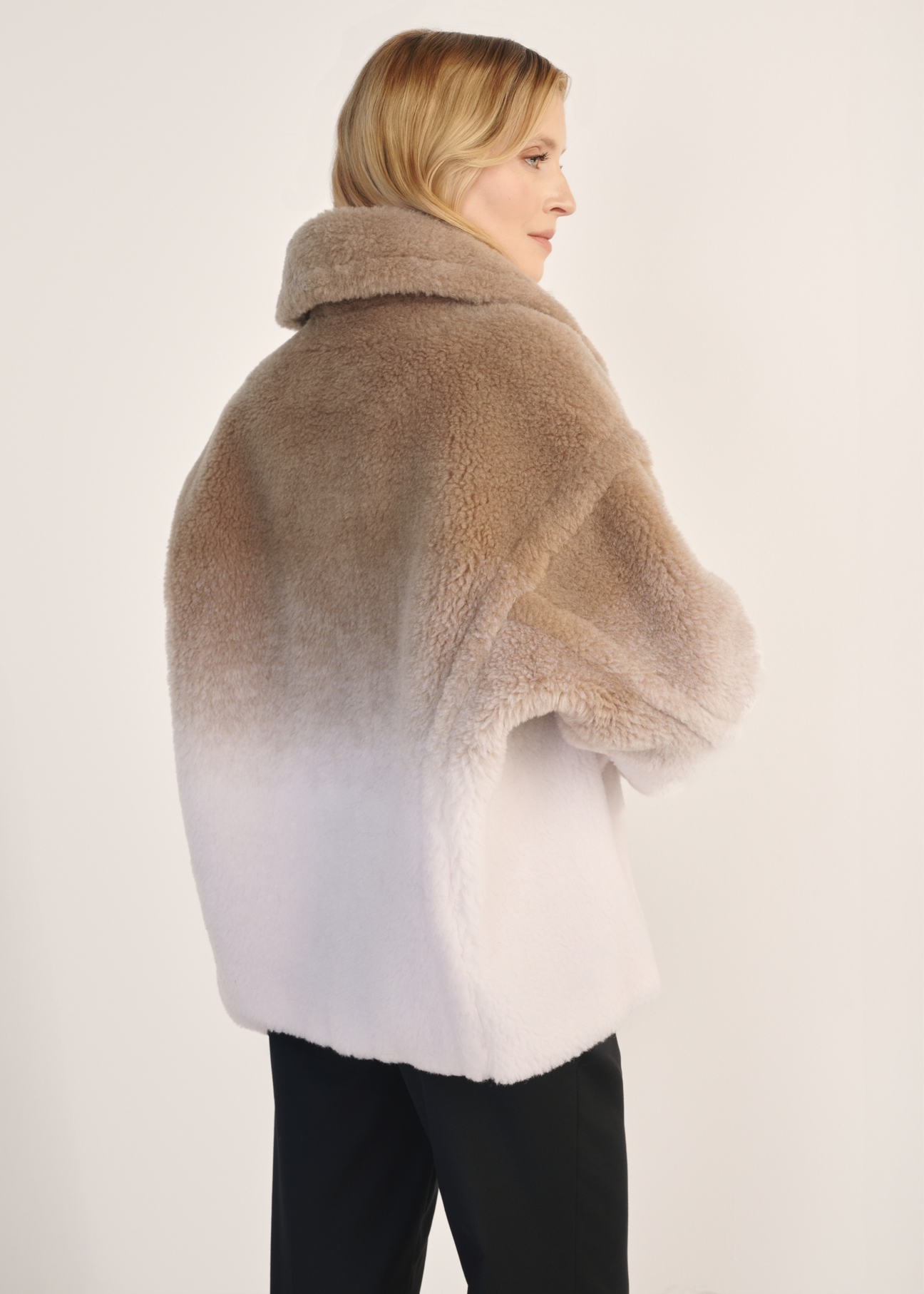 Women's Beige Wool Fur Coat FUTDW-0036-81(Z25) - Back view of the product on a model against a white background. Knee-length silhouette visible.