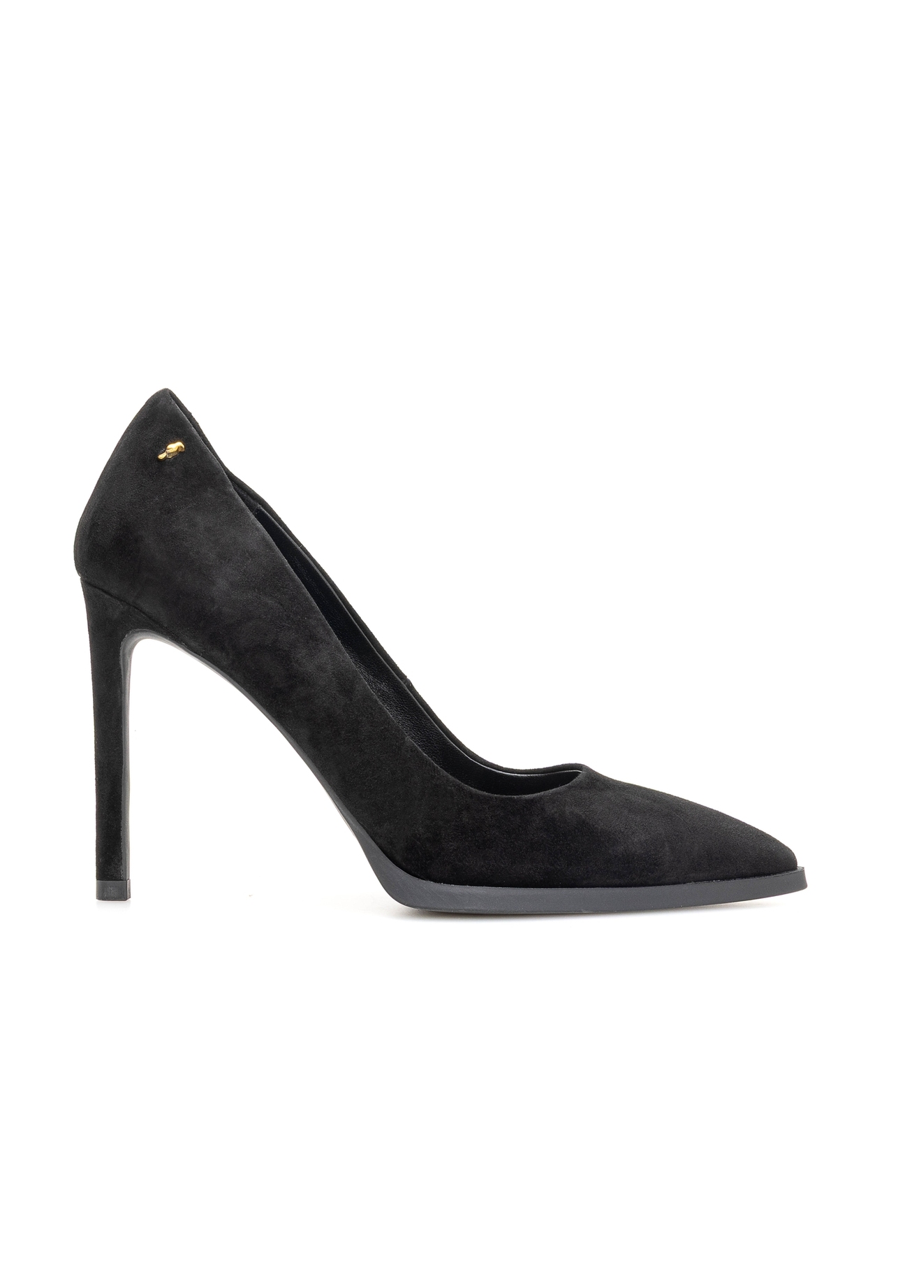Black suede women's high heels BUTYD-1217-99(Z25), product view from the side on a white background.