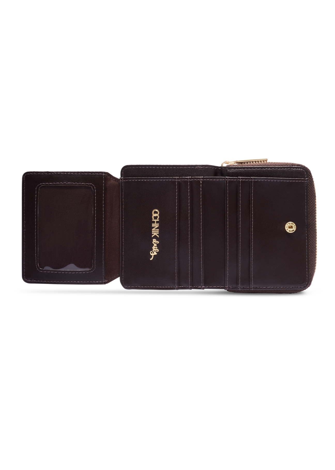 Small brown women's wallet with monogram POREC-0349A-1I(Z26), product view inside on white background.