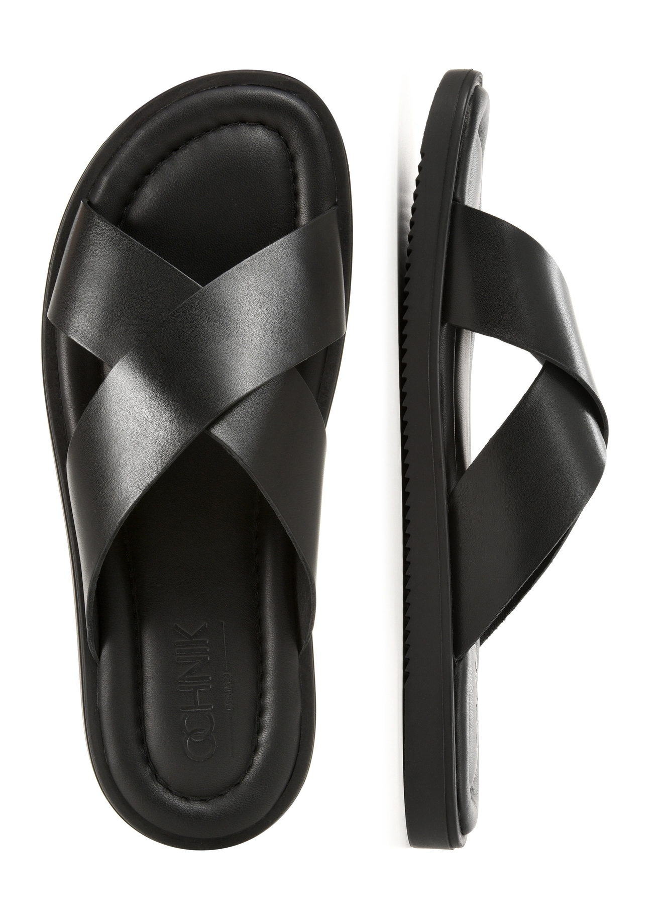 Men's black leather flip-flops BUTYM-0536-99(W26), top view of the product on a white background.