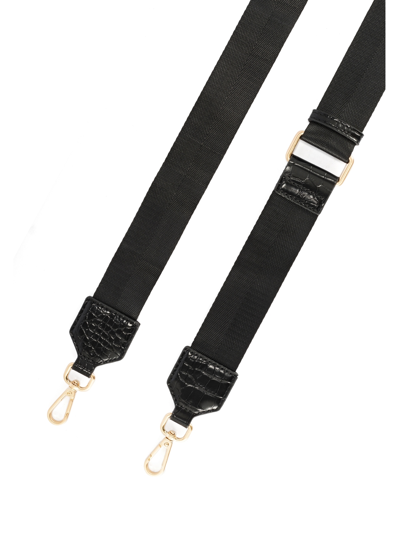 Black small women's croco handbag TORES-1049-99(Z 25), close-up of the detachable strap of the product, view on a white background.