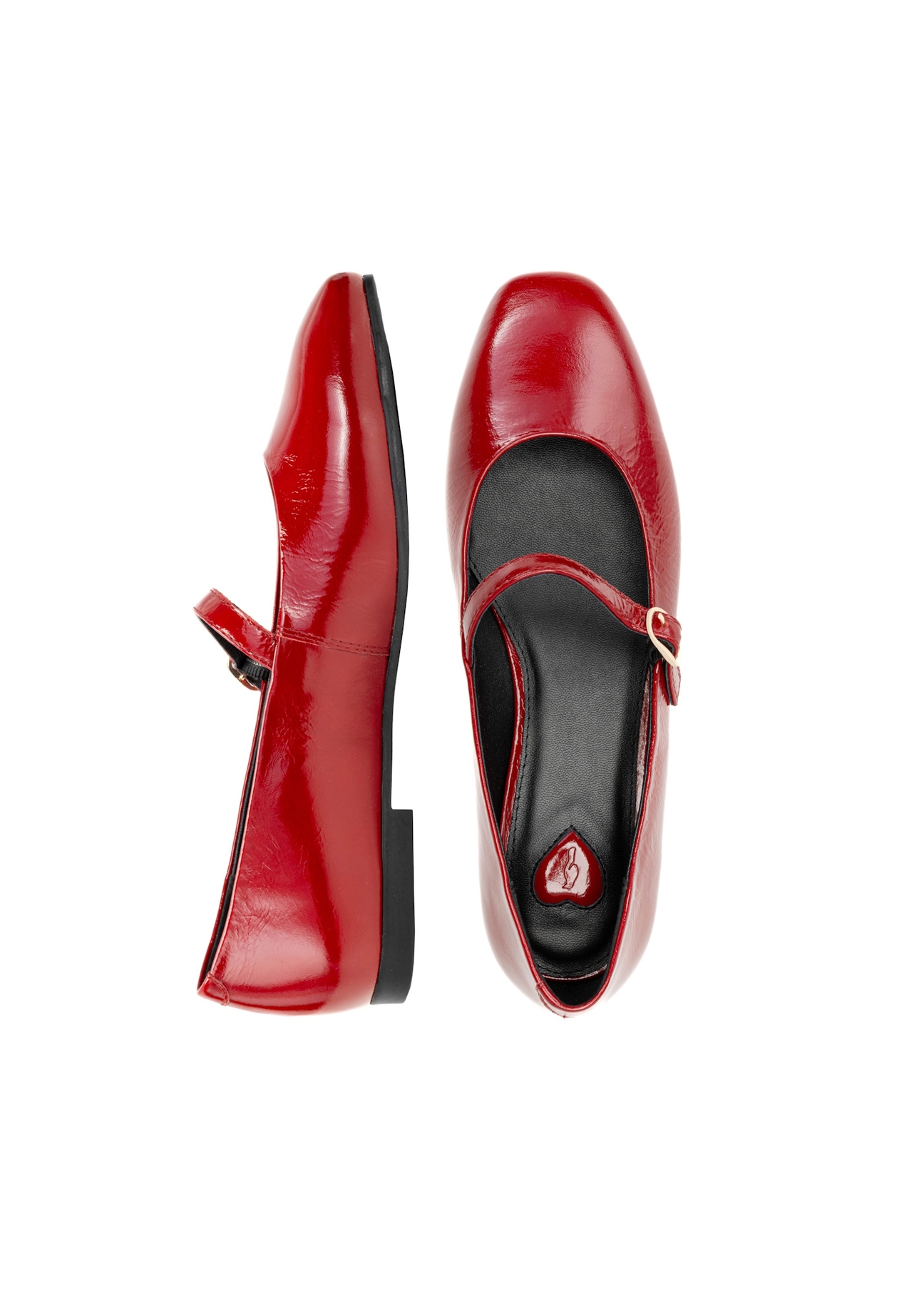 Red leather ballet flats with belt BUTYD-1145-4B(W26), product view from above on white background.